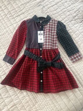 Polo by Ralph Lauren Red & Green Patchwork Plaid Shirt Dress with Waist Bow